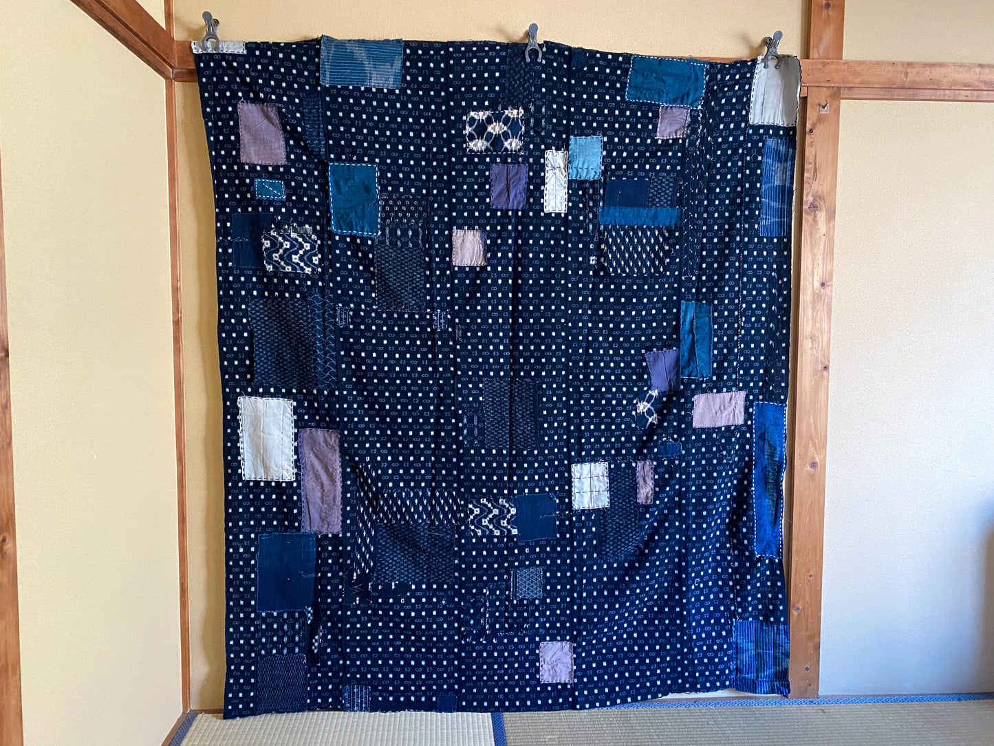 Indigo Kasuri Boro Patchwork Fabric | Kasuri Ikat Dye & Sashiko Stitch